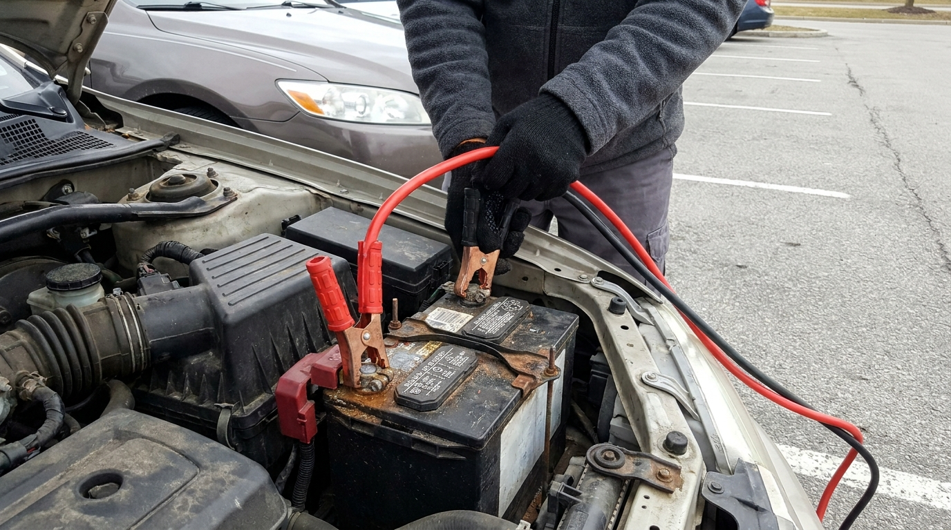 Person connecting jumper cables to a dead car battery — battery jumpstart service