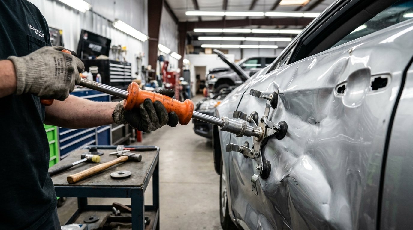Auto body technician performing collision repair work on a damaged vehicle at Redemption Collision Center