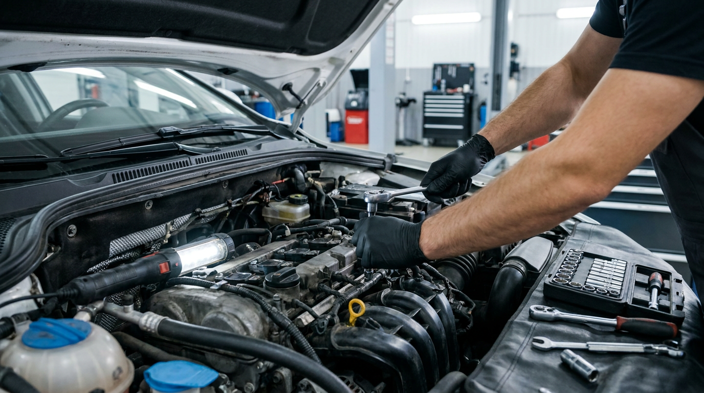 Mechanic working under the open hood of a car performing mechanical repairs at Redemption Collision Center