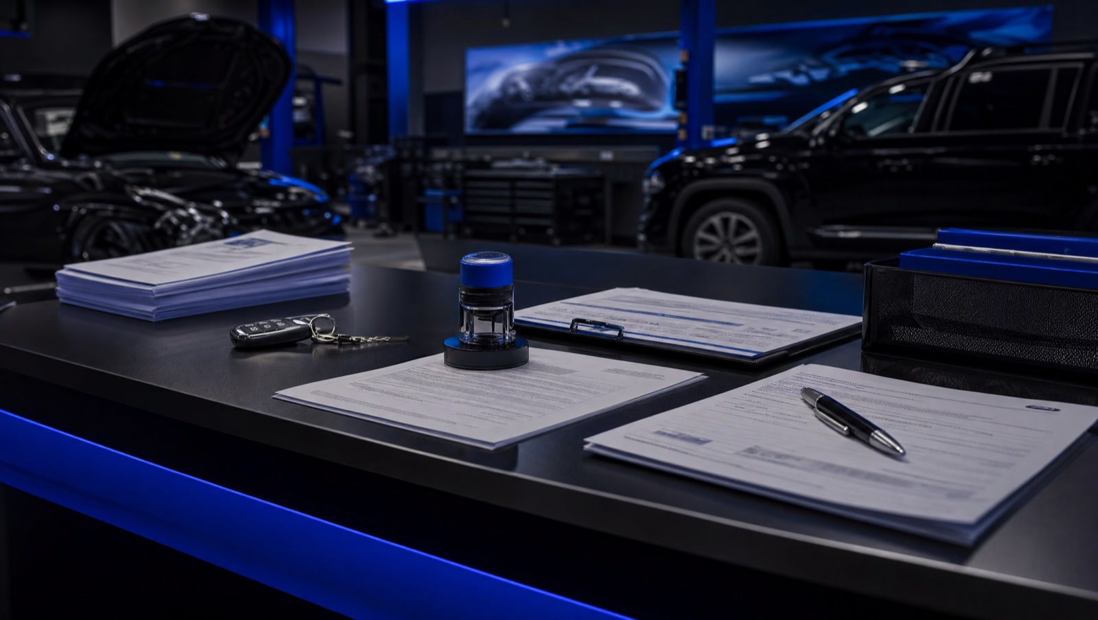 Notary service documents, stamp, pen, and car keys for Humble TX vehicle paperwork