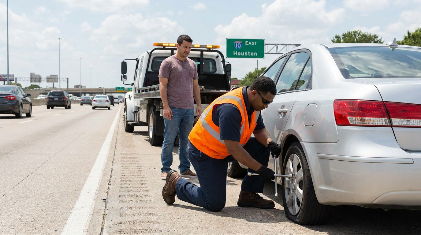 Roadside assistance technician helping a stranded driver in Houston TX