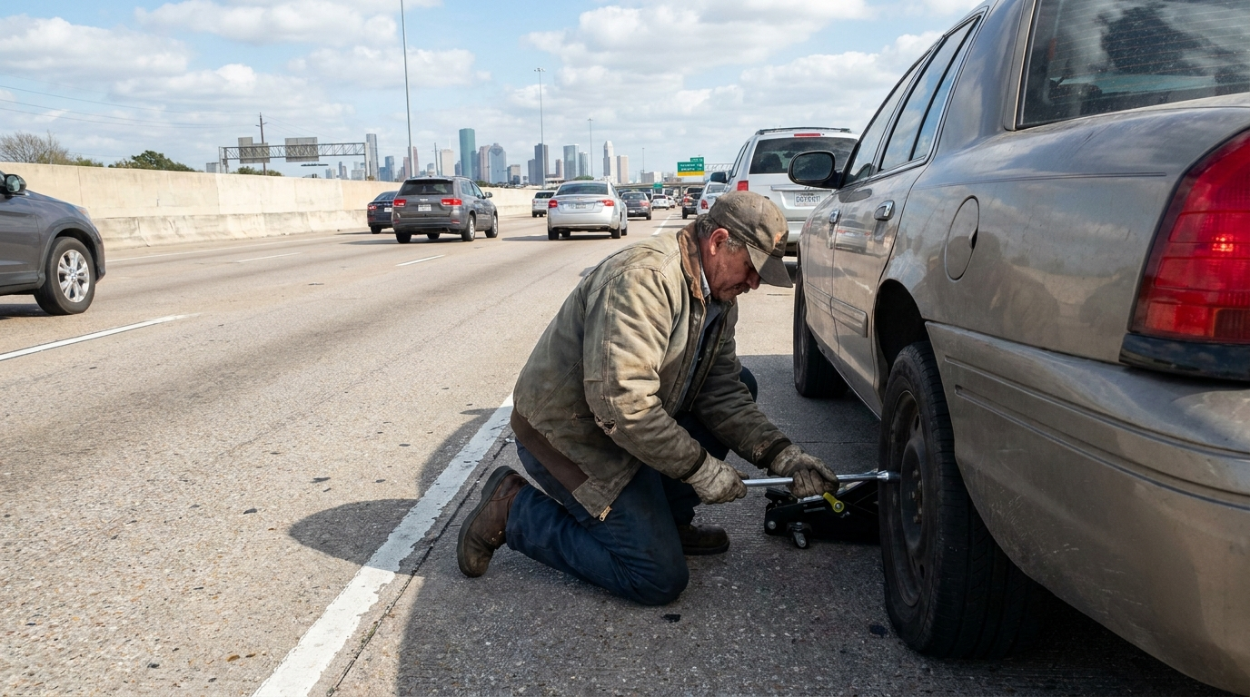 Person changing a flat tire on the roadside — tire change service Greater Houston